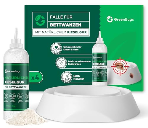 GREENBUGS Fälla vägglöss (x4) med 100 % ekologisk kiselgur - anti-insektsfångare kit för sängben - effektiv lösning - ingår bruksanvisningar