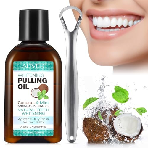 Whitening Pulling Oil, Kokosöl-Mundwasser, natürliches Whitening Oil Pulling Mouthwash, 120ml Reinigungs Plaque -Reduzierungsmischung,Entfernen Sie Zahnstein und Plaque -Zungenschaber und Messbecher