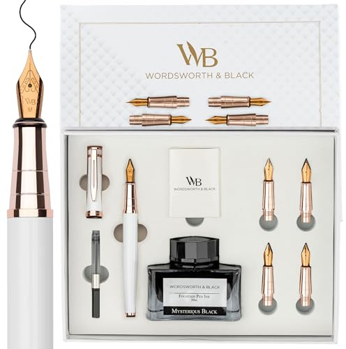 Wordsworth & Black Set regalo di penne stilografiche, flacone di inchiostro, 6 cartucce di inchiostro, un convertitore di ricarica, 4 pennini di ricambio, journaling, calligrafia, [bianco oro rosa]
