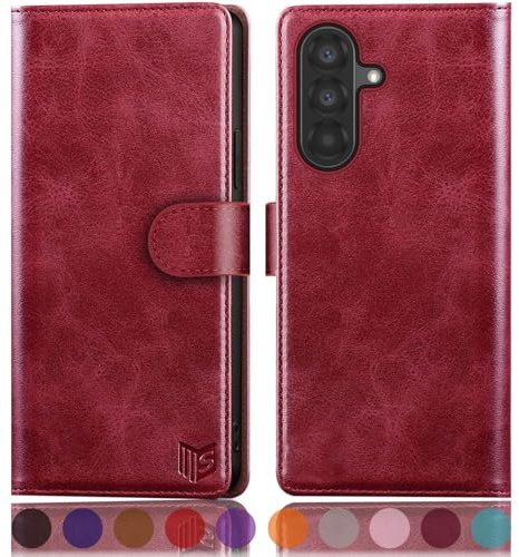 SUANPOT progettazione per Samsung Galaxy A56 Sintetica Cover Blocco RFID Portafoglio Slot CarteSupporto Cellulare Magnetica custodia Pelle per Samsung A56 Rosso