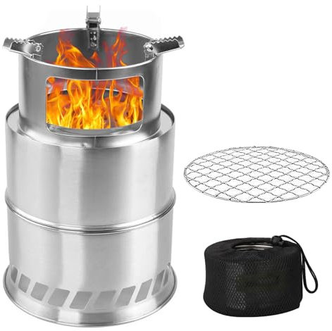 Stufa a legna portatile da campeggio con piastra a rete per barbecue, fornello Hobo in acciaio inox, borsa per il trasporto, pieghevole e antivento