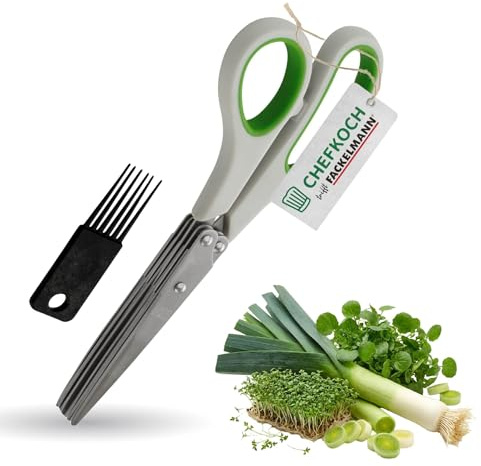 Chefkoch trifft Fackelmann Kräuterschere mit 10 scharfen Edelstahlklingen – Inkl. Bürste & Softgrip-Einsätzen – Ideal zum Zerkleinern von Kräutern – Grau/Grün & Schwarz