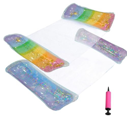 Kalamakala Amaca Gonfiabile Mare 2 Pezzi, Materassini Gonfiabili per Piscina, Portatile Lettino Mare Gonfiabile, 4 in 1 Lettino Gonfiabile Piscina, Amaca da Piscina con Pompa (Paillettes Multicolore)