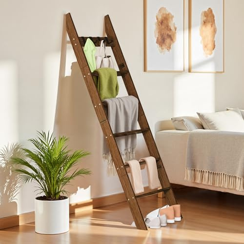 AJLS 6-Tier Blanket Ladder for Living Room, 5.6FT Pine Wood Quilt Rack with 4 Anti-Slip Straps and 4 Removable Hooks, Lightweight, Easy Assembly, Hinged Design, Farmhouse Decorative Shelf