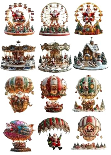 Décorations de Sapin de Noël en Bois, Ornements Santa en Relief pour Fêtes, Lot de 12 Pièces pour Maison Jardin Patio Porte Fenêtre Intérieur Extérieur