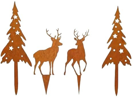 KLINNA Lot de 4 piquets de jardin en forme de cerf - Décoration de jardin élégante en métal rouillé pour le jardin - Décoration de Noël - Grille pour l'automne et l'hiver