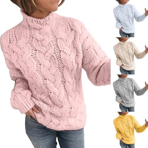 Maglione lavorato a maglia a trecce da donna alla moda con collo a polo maglione a maglia grossa autunno inverno dolcevita maglioni eleganti casual all'uncinetto maglioni a collo alto maglieria, rosa