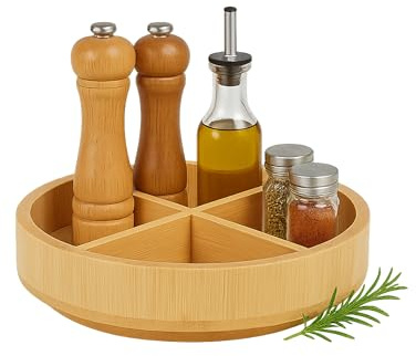 Relaxdays Roterande tallrik, bambu, vridbar 360° 4 fack, avtagbara skiljeväggar, H x D: 6 x 23,5 cm, kryddorganisatör, natur