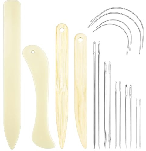 JAXICREY Falzbein, 4 Stück Falzbein für Papier Set Buchbinder Set Buchbinden Book Binding Set Falzstift Falzbeinwerkzeuge mit 14 Stück Ledernadel
