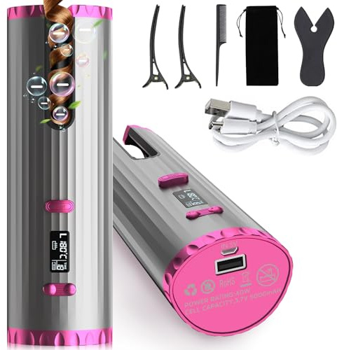 Automatic Hair Curler, Portable Wireless Curling Iron with USB Cable, Rechargeable, 6 Temperature & Timer, Cordless Professional Ceramic Curling Wand, for Long & Short Hair Styling, Home Travel Use