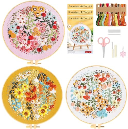 3 Pack Embroidery Kits for Adults Beginners, DIY Stitch Kits for Adults, Starter Hand Embroidery Kits with Flower Clusters Patterns, Hoops, Thread, Needles, Scissors—Craft Gifts for Women & Teens