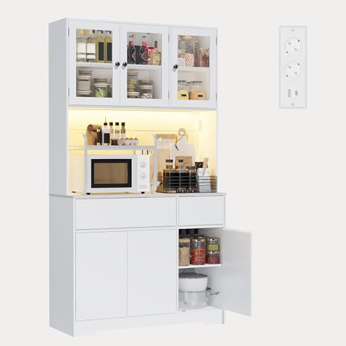 Xbro Küchenschrank Hochschrank mit LED-Beleuchtung & Steckdose, 6 Türen 2 Schubladen, Glastür-Schrank mit verstellbaren Böden, Buffetschrank für Küche Esszimmer Wohnzimmer, 100x38,5x180cm