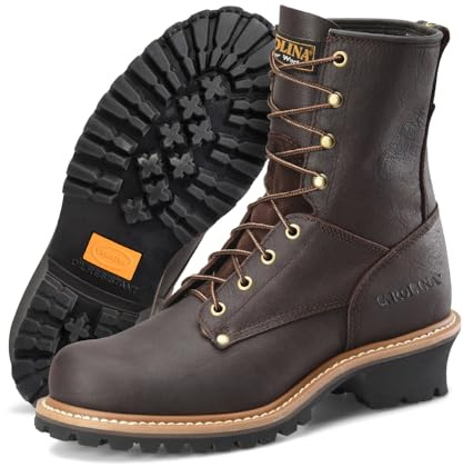 Carolina Elm 8 Unlined Logger Boots for Men - Unlined Leather Upper, Pillow Cushion Footbed, and Welted Oil- and Slip-Resistant Outsole, EH Rated, Brown - 9.5 4E