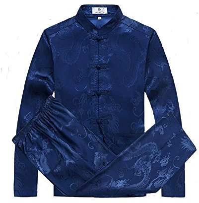 G-LIKE Chinesische Kleidung Tang Anzug - Traditionelle Klassische Kostüme Kampfkunst Kung Fu Tai Chi Qigong Lange Ärmel Drachen Muster Performance Uniform für Männer Frauen (Blau, XXL)