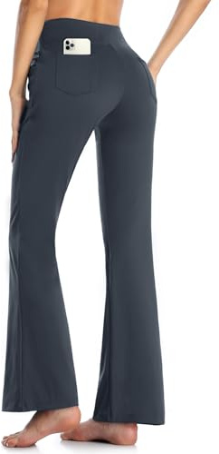 MOVE BEYOND Pantalones de Yoga Bootcut para Mujer con 4 Bolsillos Pantalón Corte de Bota de Cintura Alta para Vestir Pilates Fitness Entrenamiento, Largos, Gris, M