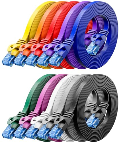 deleyCON 10x 0,5m CAT6 Cable de Red Plano 1000 Mbit Gigabit LAN - Cat 6 RJ45 Ethernet Patch Cable Instalación Delgado Plano - para Internet Switch Router Modem Patchpanel - Multicolor