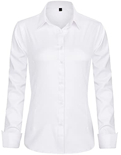 J.VER Womens Dress Shirts Long Sleeve Button Down Shirt Wrinkle-Free Business Casual Blouse Office Work Tops White Medium