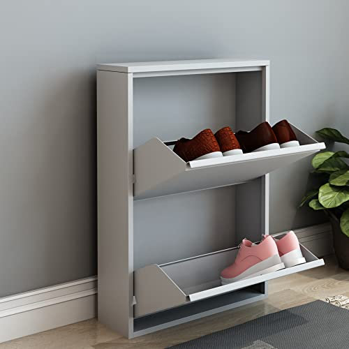 [en.casa] Schuhschrank Sokndal Schuhkipper mit 2 Klappen Metall Schuhkommode für 4 Paar Schuhe 71 x 50 x 15 cm Weiß