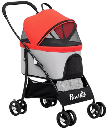 PawHut Passeggino per Cani 3 in 1 Pieghevole Convertibile in Borsa da Trasporto, Seggiolino Auto con 2 Guinzagli, Cuscino, Passeggino per Animali in Acciaio, Tessuto Oxford, 82x49.5x98cm, Rosso Grigio
