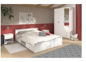 Parisot Chambre Complete Zodiac : Lit 140x190 avec tiroir + Armoire 3 Portes et 2 tiroirs + 2 chevets - Décor Blanc