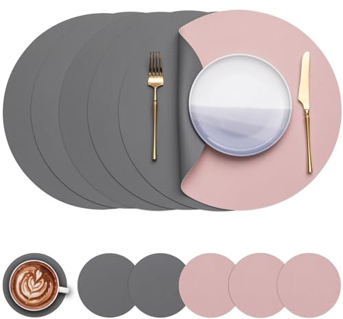 Myir JUN Tovagliette in Pelle e Sottobicchieri, Set di 6 Tovagliette Rotonde e sottobicchieri 38cm Rotonde Tovagliette Americane Bifacciale Non-scivolose Impermeabile (Grigio & rosa, Set di 6)
