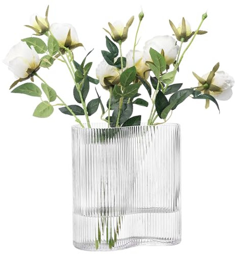 Navaris Glasvase geriffelt groß - 18,5x12x20cm - Blumenvase Glas minimalistisch Skandinavischer Stil - Vase Glas für Blumenarrangements Deko Wohnzimmer - Vase mit Rillen