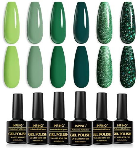 INPING Gel Nail Polish, 6 Colors Green Gel Polish, Emerald Green Light Green Dark Green Sparkle Glitter Nail Varnish Set Soak Off UV/LED for Women Nail Art Salon & Home Use