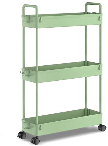 SOLEJAZZ 3-Tier Storage Trolley Cart Slide-Out Slim Rolling Utility Cart Mobile Storage Shelving Organizer für Küche, Bad, Waschküche, Schlafzimmer, schmale Orte, Kunststoff, Grün