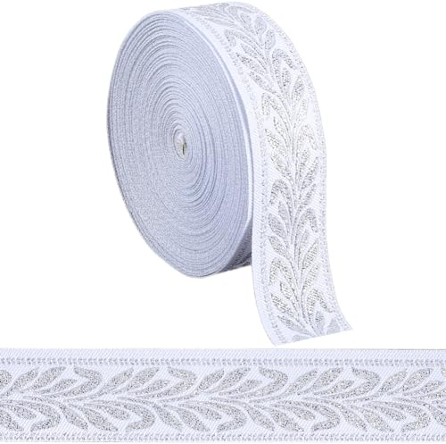 GORGECRAFT Cinta Jacquard Plateada de 10mX25mm Rollo de Adorno Bordado Étnico Bohemio Metálico Vintage Tela de Hoja de Doble Cara Correas de Costura para Ropa Manualidades Envoltura de Regalos