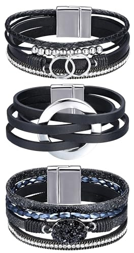 MILACOLATO 3Pcs Leather Bracelets for Women Boho Leather Wrap Bracelets Western Wrist Cuff Bangles with Magnetic Buckle Multilayer Stackable Black Bracelet Set