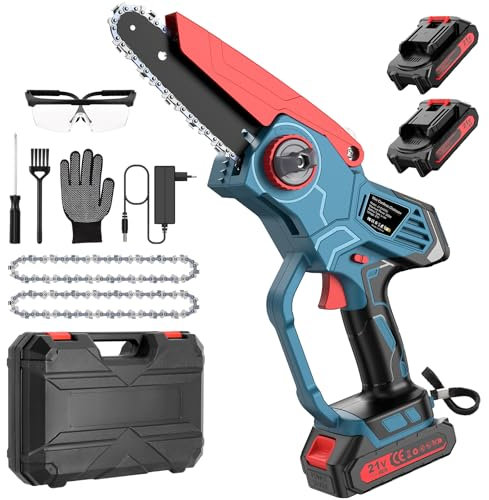 Mini Motosierra Bateria 6 Pulgadas, Motosierra Eléctrica, Motosierra de Mano para Ramas, Rboles, Jardín, 2 Baterías, 2 Cadenas