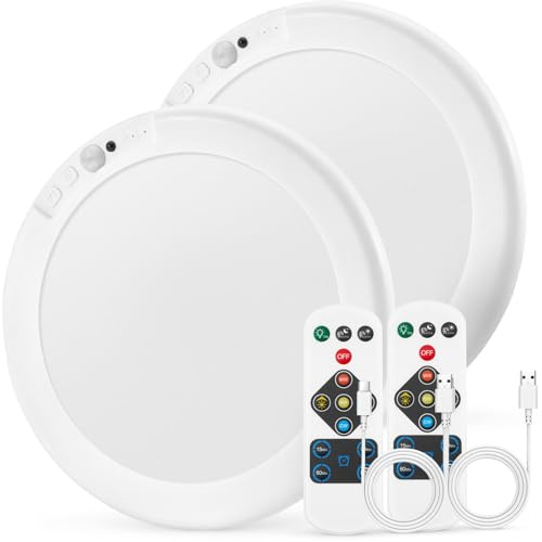 Combuh Uppladdningsbar Sladdlös Taklampa LED, Rörelsesensor USB Batteridriven Badrumslampa, 20cm Dimmbar Garderobslampa med Timer Fjärrkontroll, 3000K-6000K för Garage Hall Trappa Entré, Rund 2pack