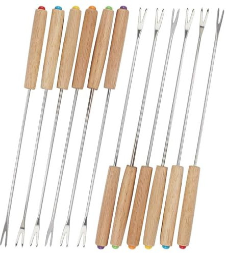 6 tenedores de fondue de acero inoxidable, mango de madera, cubiertos de fondue, tenedor de acero inoxidable, tenedor para fondue, tenedor de fondue de queso con mango resistente al calor para asar