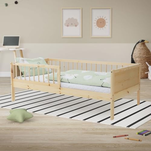 ML-Design Cama Infantil 80 x 160 cm de Madera Maciza de Pino Natural, Lecho Individual para Niños y Niñas con Somier de Láminas y Protección Anticaída, Cuna para Habitación Juvenil de Adolescentes