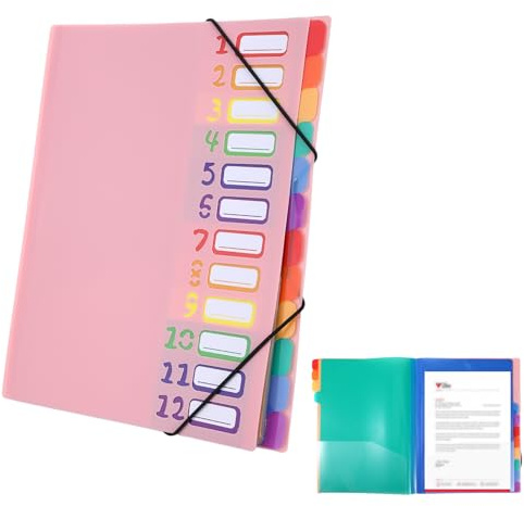 Dokumentmapp A4 rosa med indexetiketter, fackmapp A4 med 12 fack regnbågsfärger, mapp med elastiskt band, underskriftmapp, hörnspännmapp för skoltillbehör och kontor