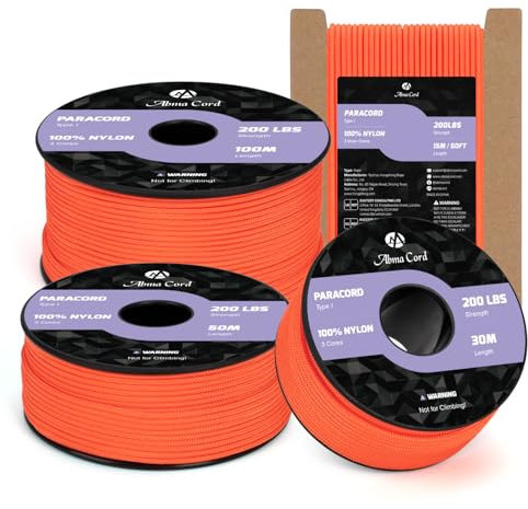 Abma Cord Paracord 2mm 15m Nylonschnur 3 Kern Seil Typ I Schnur für Basteln, Camping, Outdoor - Max. 90kg (200lbs) - Neon Orange