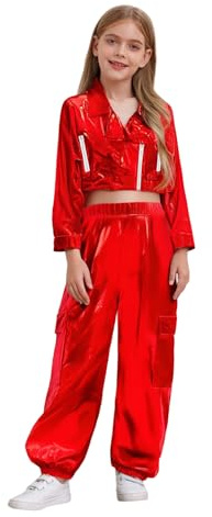 Alvivi Conjunto Metalizado de 2 Piezas Niños para Bailar Jazz y Hip - Hop con Chaqueta y Pantalones Cargos Ropa de Danza Urbana Rojo 15-16 años