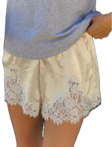 Women Lace Trim Satin Shorts Elastic Waist Lace Patchwork Silk French Knickers Coquette Pj Shorts Slip Bottoms
