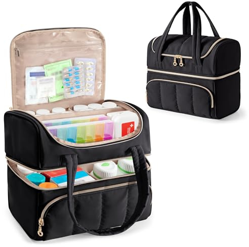 Damero Double Layers Medicine Bottle Organizer, Lockable Pill Bottle Organizer Medicine Bag with Lockable Zipper and Detachable Dividers for Medication, Vitamins or Medical Supplements, Black
