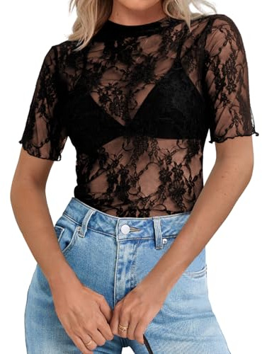 Elesomo Womens Lace Top Short/Long Sleeve Mesh Shirt Blouse | mesh top, sheer top, going out top, date night outfit