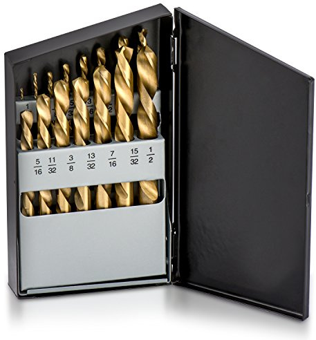 NEIKO 10037A Left-Hand Drill-Bit Set, High-Speed Steel Drills with Titanium Nitride Coating, Reverse-Twist Drill Bits, SAE Sizes, 15-Piece Set