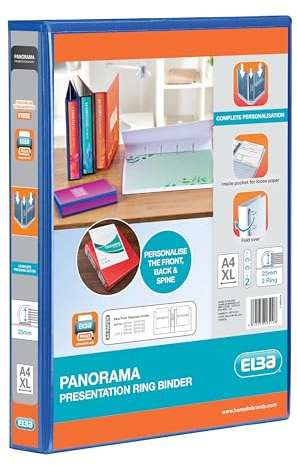 Elba A4 2 D-Ring Binder, 25mm capacity, 40mm spine, Presentation Folder with Customisable Cover, Portrait, Blue (Single)
