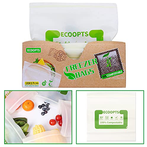 ECOOPTS 50 Pack 100% Compostable Food Storage Freezer Bags with Zipper - BPA-Free Sandwich & Frozen Safe (7x6.7 in)