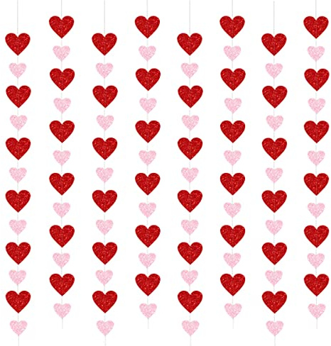 PTFNY 8 Pack Valentine's Day Glitter Heart Garland Glittery Valentines Day Heart Hanging String Garland Banner Valentines Party Decorations for Engagement Bachelorette Wedding