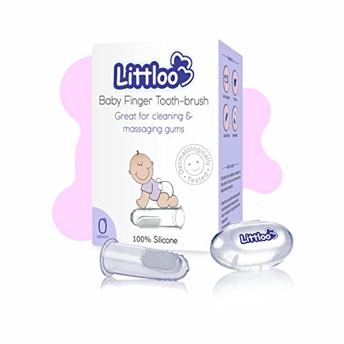 Littloo Baby fingertandborste återanvändbar silikon tillverkad livsmedelskvalitet med förvaringsfodral för bästa munhygien/bra massage och enkel rengöring av tandkött och tunga designad för barn och spädbarn – 1-pack
