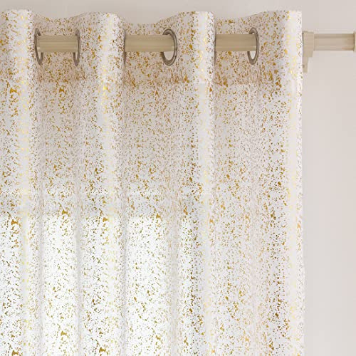 TERLYTEX Tende trasparenti bianche e dorate, lunghe 240 cm, con stampa a pois in lamina d'oro metallizzata, per soggiorno, con occhielli per la privacy, set di 2 pannelli, 133 x 240 cm, bianco oro