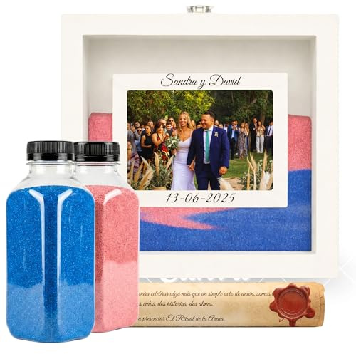 NIRALIS Pack Ritual Arena Personalizable de Madera lacada con arena decorativa color Rosa y Azul, para Ritual Arena boda Kit, con Marco de fotos formato 10x15, 2 botes de 800g… (Blanco)