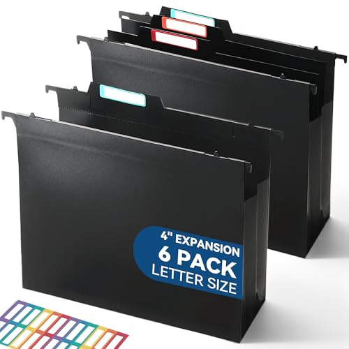 SortRax Plastic High Capacity Hanging File Folders, 4 Expansion for Bulky Documents, Side-Sealed Accordion Pocket, Supports Heavy Files, Letter Size, Movable Dividers, Insertable Tabs, 6 Pack