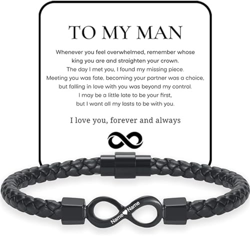 MEONFY To My Man, Personalized Dual Name Infinity Leather Bracelet, Stainless Steel Braided Bracelet, To My Man Love You Forever (customisation)