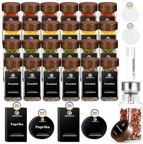 SAEIV Umweltfreundlicher Kappen aus Akazienholz Gewürzgläser Eckig -Set | 24 Gewürzdosen Mit Gewürzetiketten | Perfekte Organisation Küche Gewürz Organizer | 120ml Gewürzbehälter aus Glas